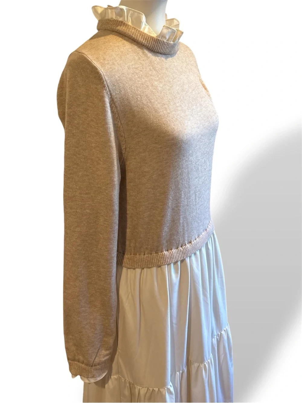 BALTIC BORN Sophie Sweater Dress Natural Tan Cream Tiered Maxi Ruffle Collar XL - Picture 2 of 8